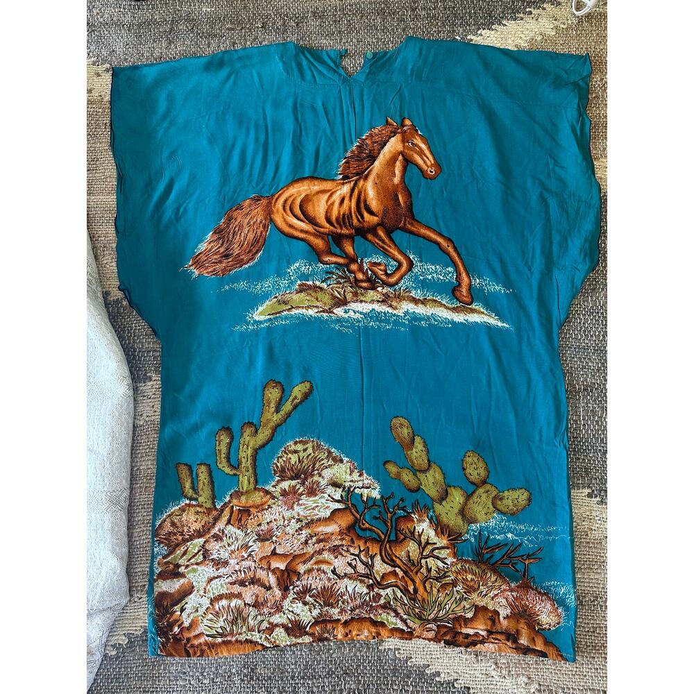 Vintage Elok Womens Tunic Dress blue horse kaftan midi traditional batik western